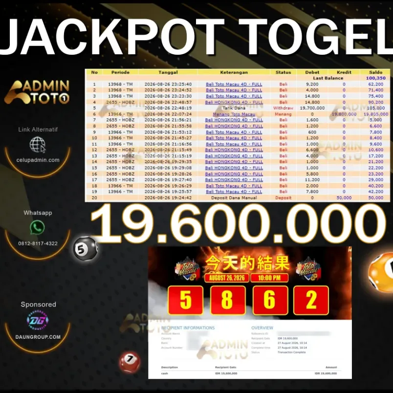 JACKPOT TOGEL TOTO MACAU - ADMINTOTO - Rp19.600.000