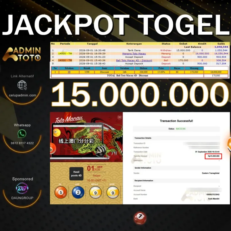 JACKPOT TOGEL TOTO MACAU - DAUNTOGEL - Rp15.000.000