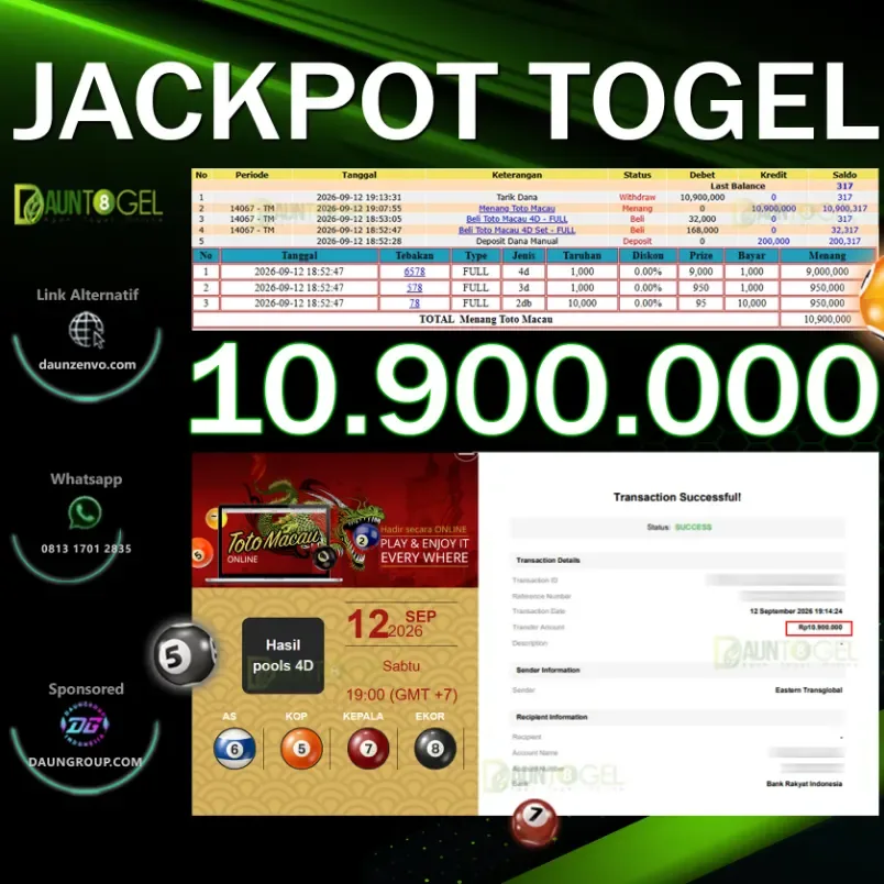 JACKPOT TOGEL TOTO MACAU - DAUNTOGEL - Rp10.900.000